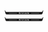 Rivian R1S Rivian Matte PRO LED door sills, FRONT two-piece catalogue illustration, matte black with white illumination