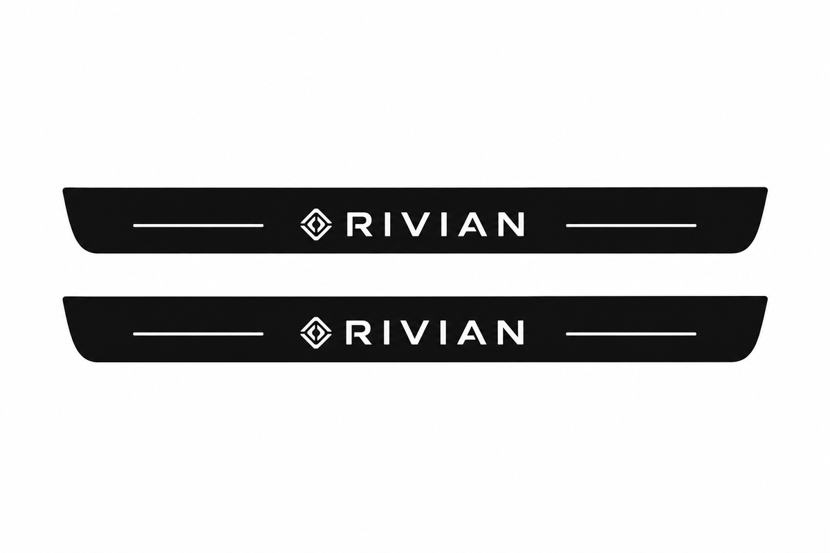 Rivian R1T Rivian Matte PRO LED door sills, FRONT two-piece catalogue illustration, matte black with white illumination