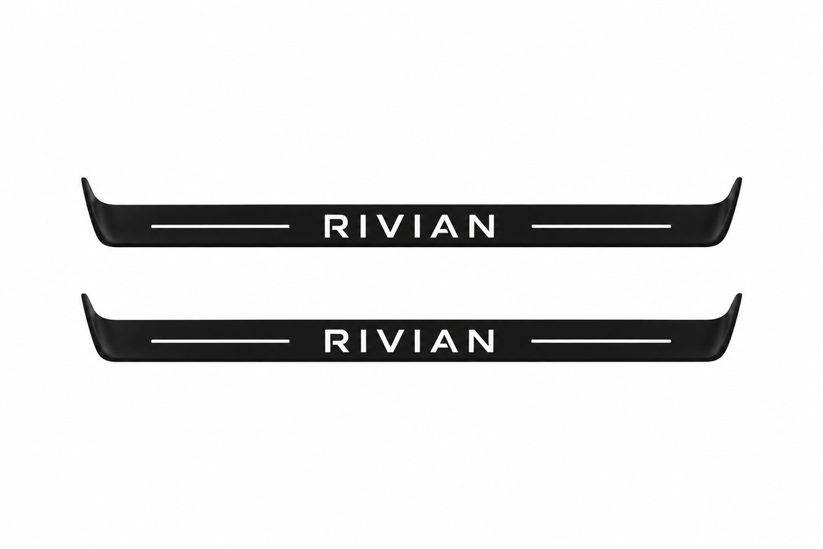 Rivian R1T Rivian Matte PRO LED door sills, FRONT two-piece catalogue illustration, matte black with white illumination
