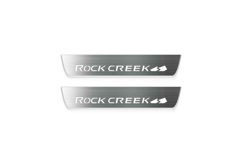 stainless steel LED door sill plates for Nissan Rogue III T33 2021+ with Rock Creek logo