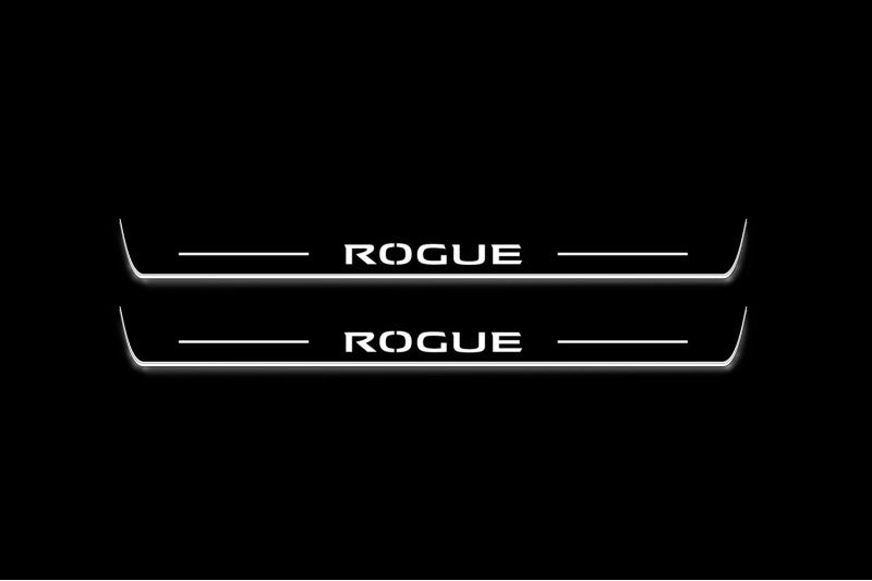 Nissan Rogue III T33 2021+ LED door sill plates in stainless steel with Rogue logo