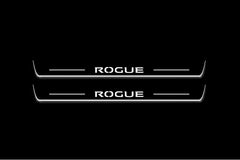 Two long door sill plates with Rogue lettering and edges illuminated in white, straight-on view on a dark background.