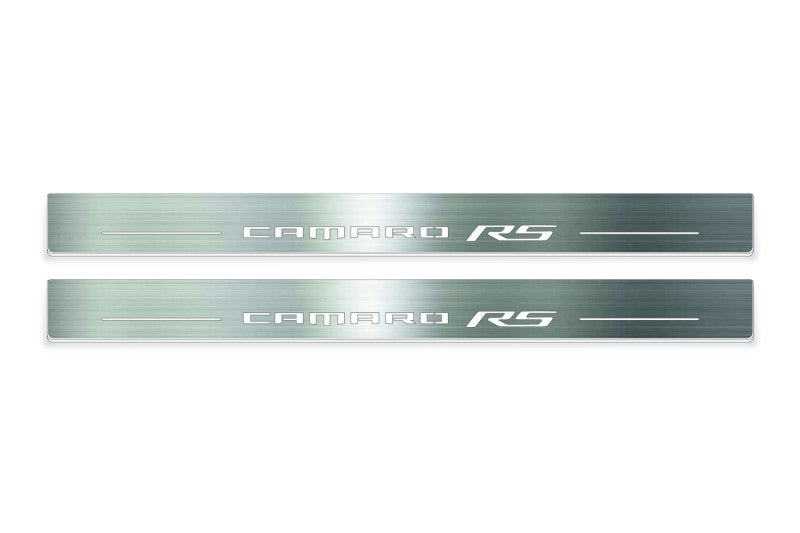 Chevrolet Camaro VI 2016+ LED door sill plates in stainless steel with Camaro RS logo