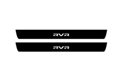 Catalog illustration of two black front door sill plates with RVR lettering.