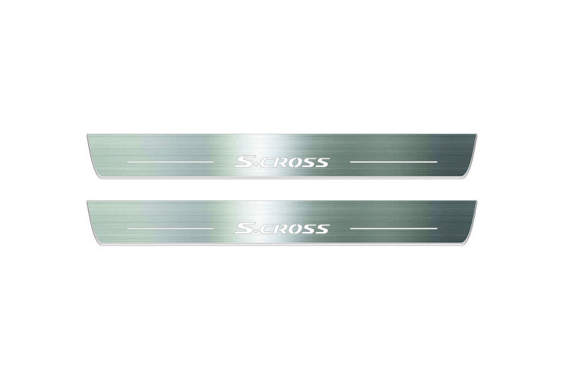 Two long silver-finished door sill plates with S-Cross lettering on a light background, straight-on view.