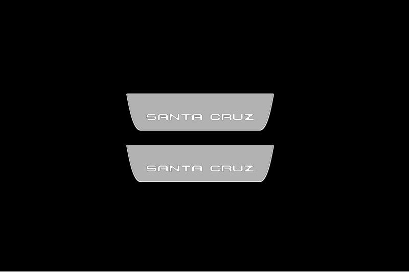 Illuminated LED Door Sill Tread Plates Hyundai Santa Cruz 2021+ With Santa Cruz Logo Hyundai Led Door Sills opdesign