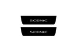 Renault Scenic III 2009+ illuminated door sill protectors in stainless steel with Scenic logo