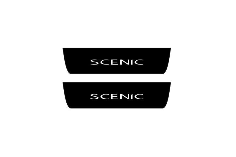 Renault Scenic III 2009+ illuminated door sill protectors in stainless steel with Scenic logo