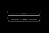 Two long door sill plates with Scenic lettering and edges illuminated in white, straight-on view on a dark background.
