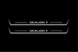 Two long door sill plates with Sealion 7 lettering and edges illuminated in white, straight-on view on a dark background.