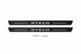 SEAT Ateca KH7 Matte PRO catalogue illustration: two flat black FRONT plates with illuminated ATECA lettering on white background