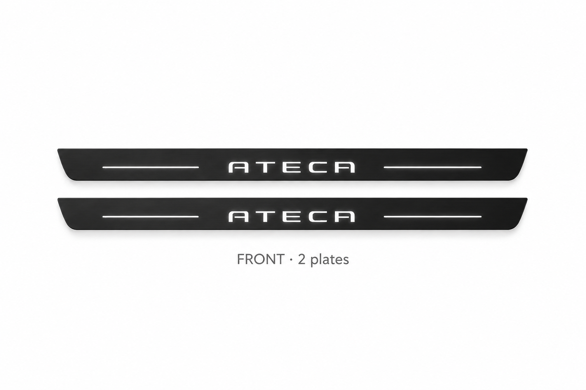 SEAT Ateca KH7 Matte PRO catalogue illustration: two flat black FRONT plates with illuminated ATECA lettering on white background