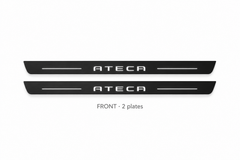SEAT Ateca KH7 Matte PRO catalogue illustration: two flat black FRONT plates with illuminated ATECA lettering on white background