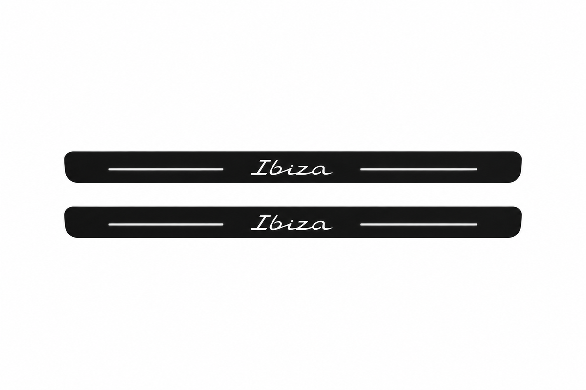 SEAT Ibiza KJ1 Ibiza Matte PRO LED door sills, FRONT two-piece catalogue illustration, matte black with white illumination