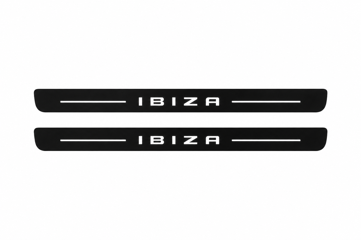 SEAT Ibiza KJ1 Ibiza Matte PRO LED door sills, FRONT two-piece catalogue illustration, matte black with white illumination