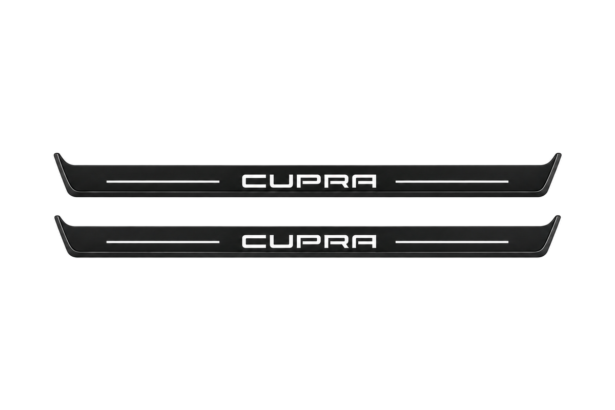 Matte PRO catalogue illustration showing two FRONT plates with illuminated Cupra lettering on a white background; Seat Leon III dimensions are selected during manufacture; rear plates are not pictured.