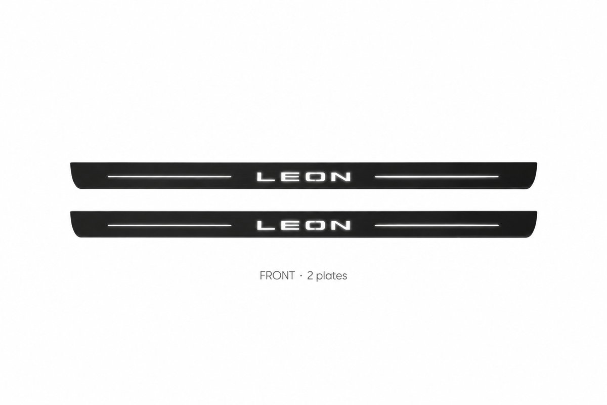Seat Leon III Matte PRO catalogue illustration: two flat black FRONT plates with illuminated LEON lettering on white background