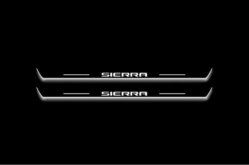 GMC Sierra V 2018+ entry guards in stainless steel with Sierra logo