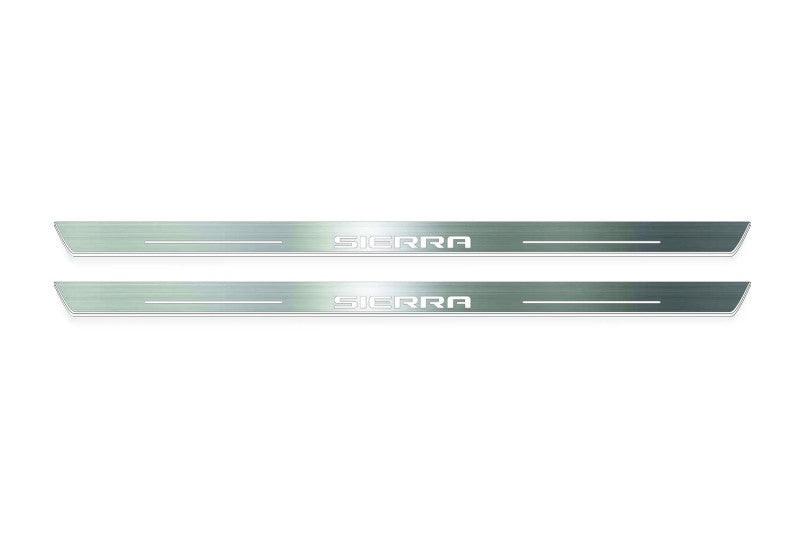 GMC Sierra V 2018+ stainless steel LED door sill plates with Sierra logo