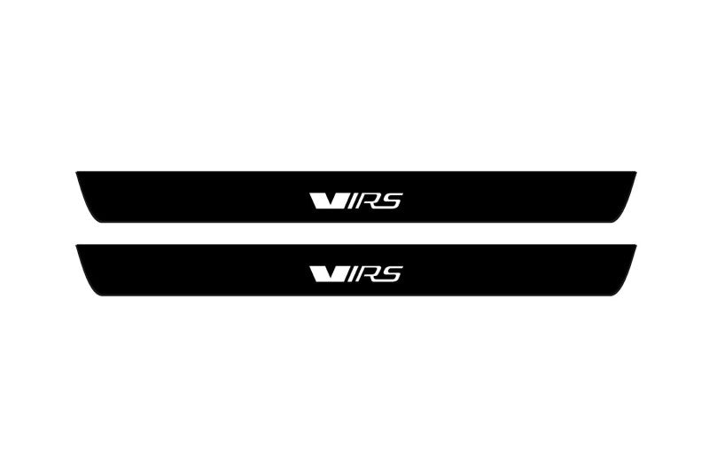 Catalog illustration of two black front door sill plates with VRS lettering.