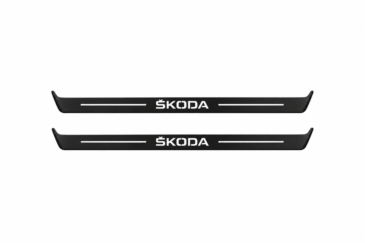 Skoda Octavia (A8) IV Skoda Matte PRO LED door sills, FRONT two-piece catalogue illustration, matte black with white illumination
