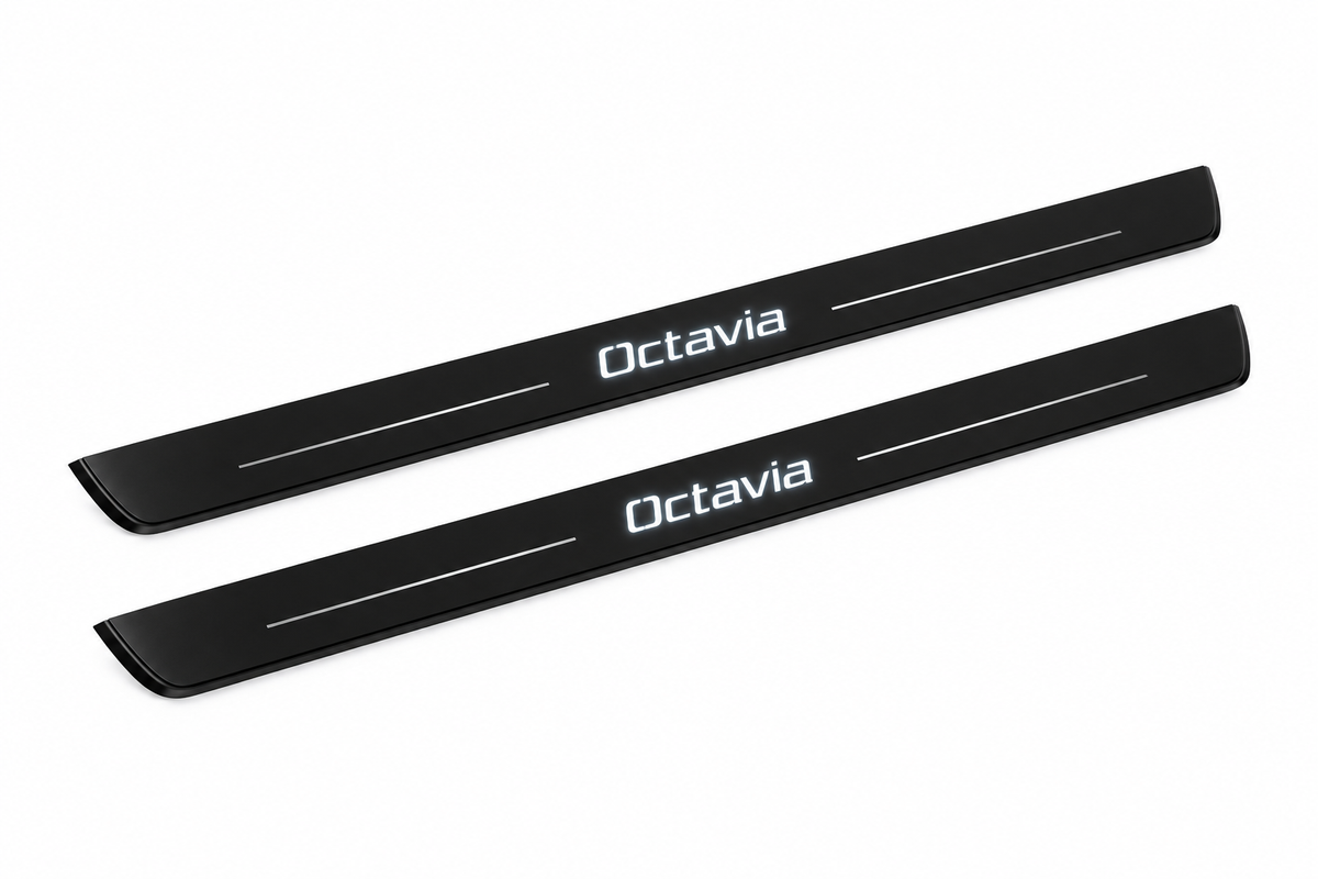 Catalogue demonstration of two black Matte PRO front plates with slender mixed-case Octavia lettering and horizontal lines for Škoda Octavia Combi 1Z5; dark side edges unlit. FRONT+REAR adds two rear plates not pictured; dimensions selected during manufacture.