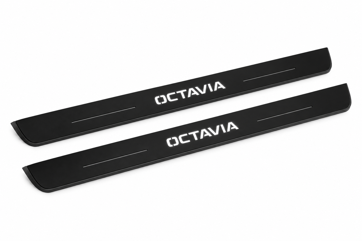 Catalogue demonstration of two black Matte PRO front plates for Škoda Octavia Combi A7, illuminated OCTAVIA lettering and straight side lines, unlit dark edges. FRONT+REAR adds two rear plates not pictured; dimensions are selected during manufacture.