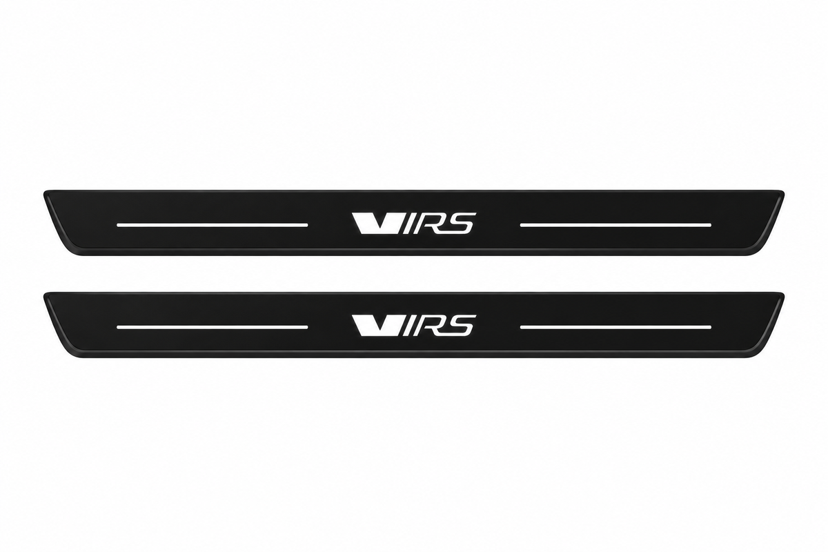 Catalogue demonstration of two black Matte PRO front plates with stylized VRS lettering and straight lines for Škoda Octavia Combi A7; dark side edges are unlit. FRONT+REAR adds two rear plates not pictured; dimensions are selected during manufacture.