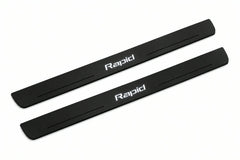 Catalogue illustration of two front black Matte PRO LED door sill plates with illuminated Rapid lettering for Skoda Rapid; dimensions are selected during manufacture.