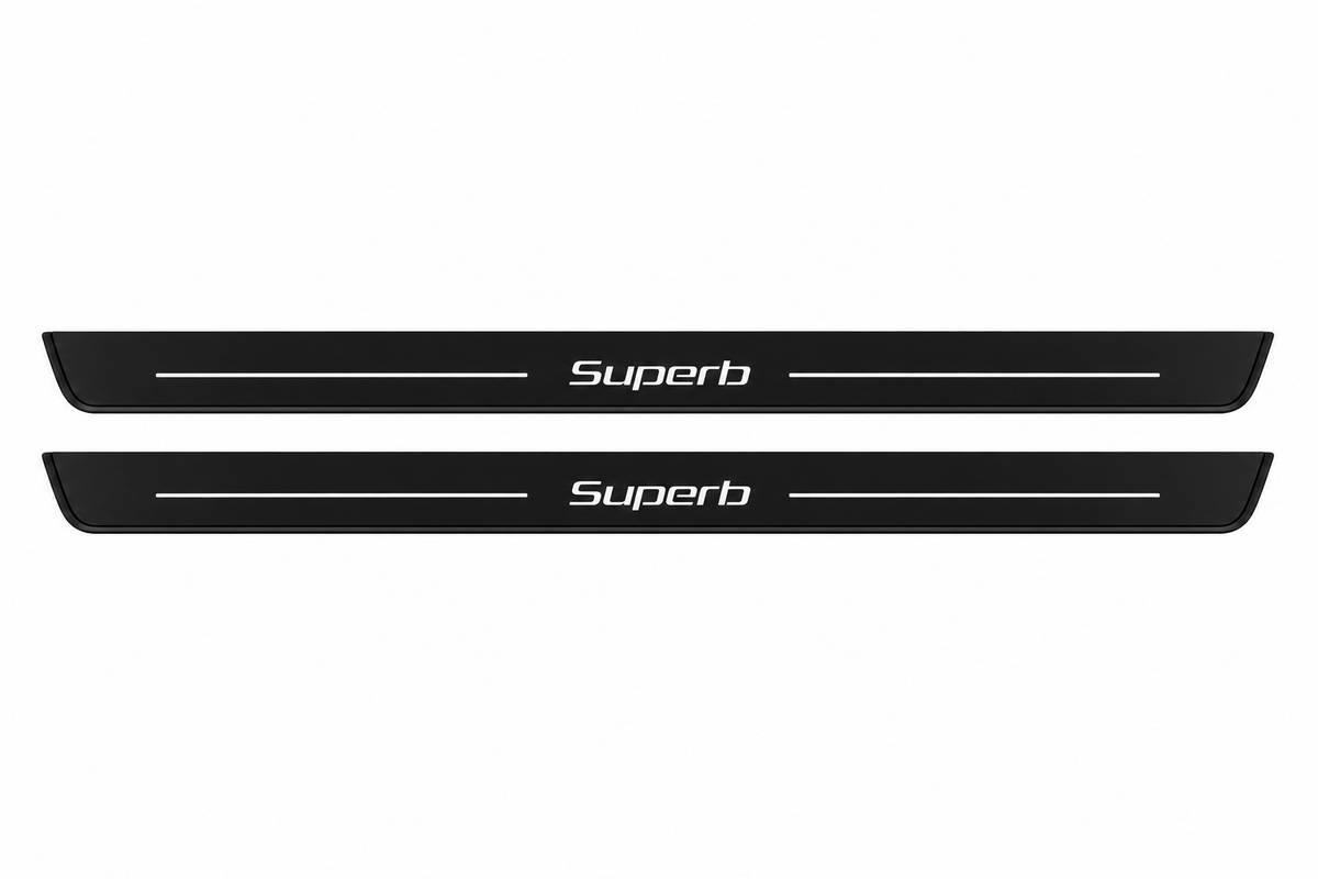 Catalogue demonstration of two black Matte PRO front door sill plates with mixed-case SuperB lettering and straight decorative side lines for Škoda Superb Combi 3T5; dark side edges unlit. FRONT+REAR adds two rear plates not pictured; dimensions selected during manufacture.