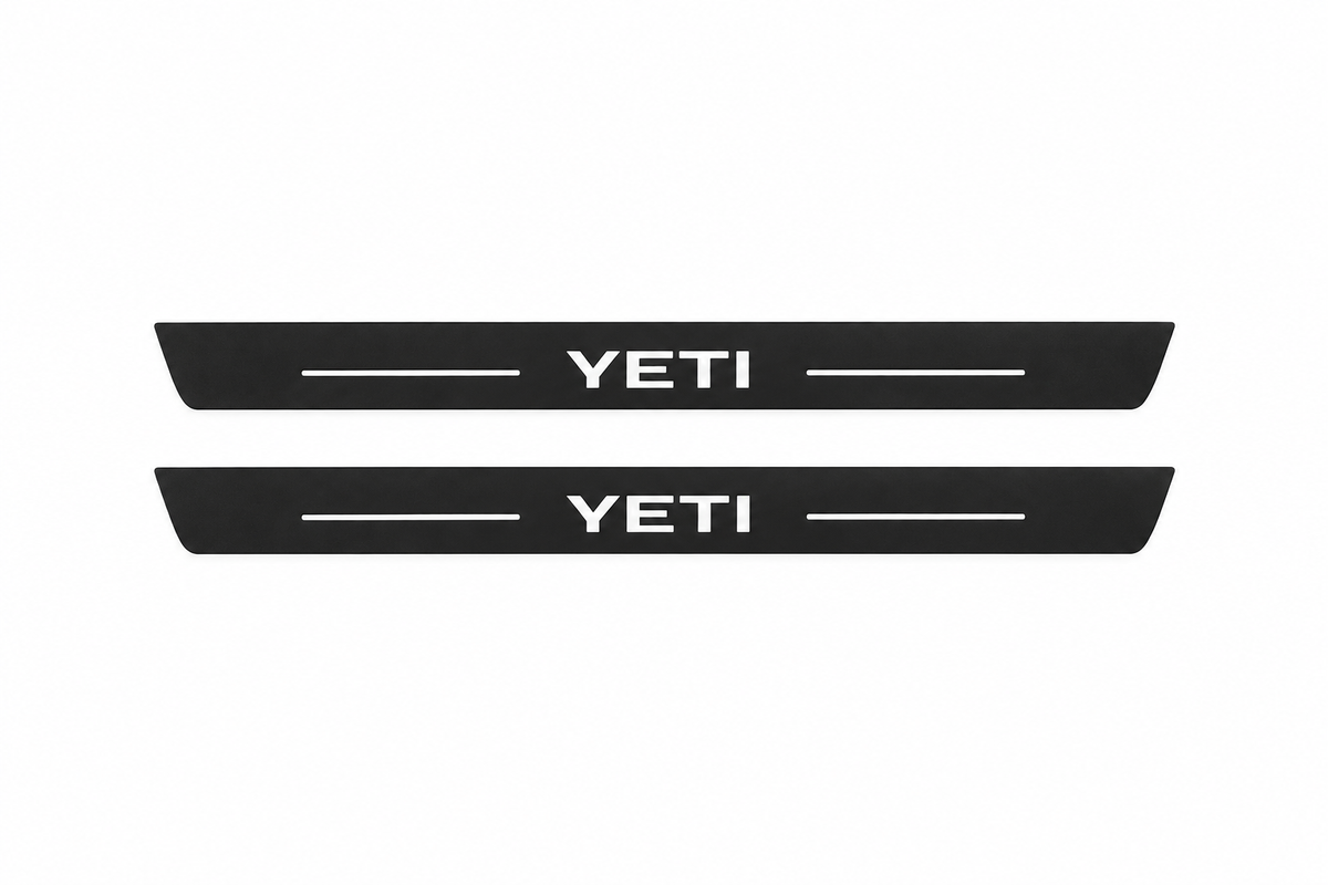 Skoda Yeti Matte PRO front LED door sill pair with flat source-matched outline, YETI lettering and two light lines on each plate
