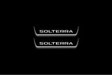 Two short door sill plates with Solterra lettering and edges illuminated in white, straight-on view on a dark background.