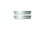 Two short silver-finished door sill plates with Solterra lettering on a light background, straight-on view.