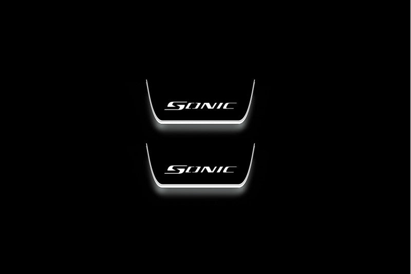 LED door sill plates Chevrolet Sonic 2012+ in stainless steel with Sonic logo