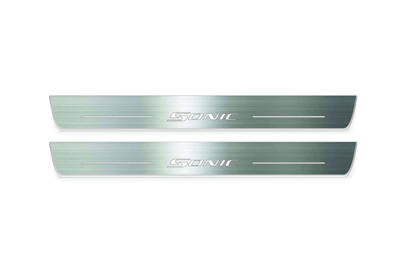 LED door sill plates Chevrolet Sonic 2012+ in stainless steel with Sonic logo