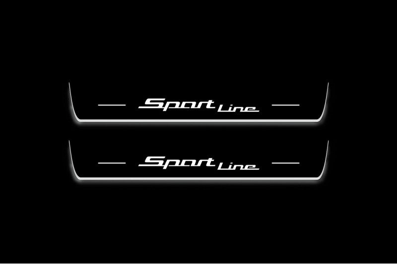 Two long door sill plates with Sport Line lettering and edges illuminated in white, straight-on view on a dark background.