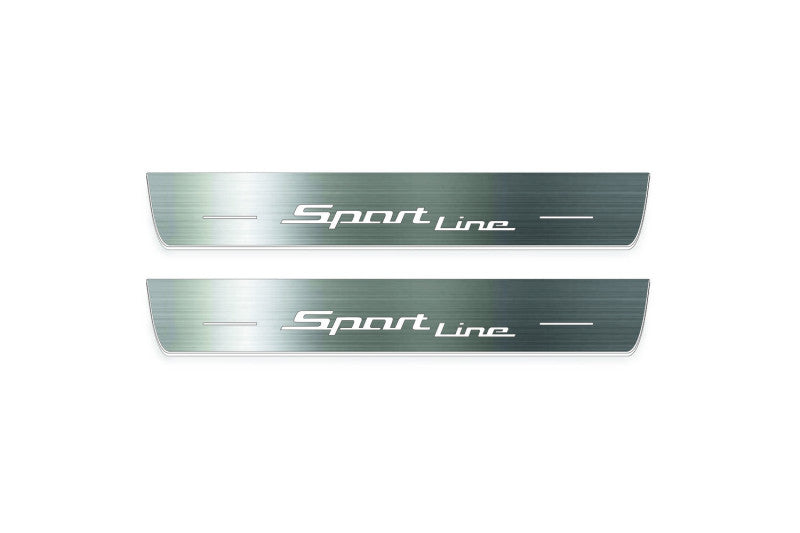 Two long silver-finished door sill plates with Sport Line lettering on a light background, straight-on view.