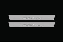 Catalog illustration of two long gray door sill plates with Sport Line lettering on a black background.