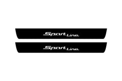 Catalog illustration of two black front door sill plates with Sport Line lettering.