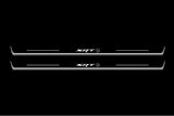 Dodge Challenger 2008+ entry guards in stainless steel with SRT Hellcat logo