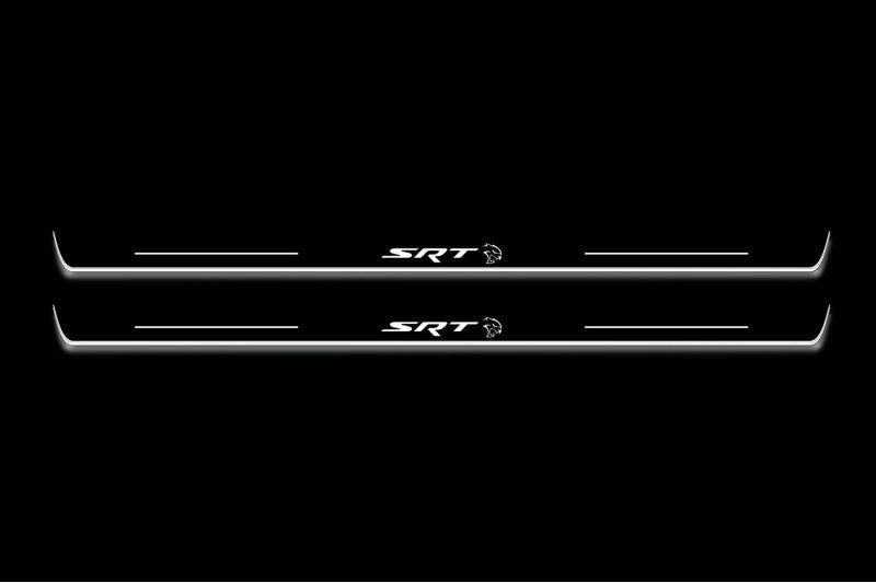 Dodge Challenger 2008+ entry guards in stainless steel with SRT Hellcat logo