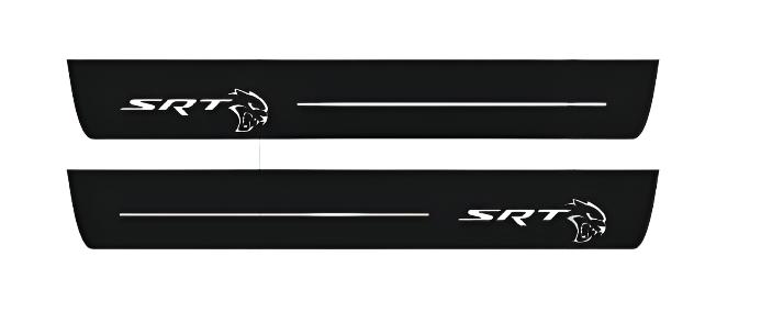 Catalog illustration of two long black door sill plates with offset white SRT lettering with Hellcat-head emblems and horizontal lines on a white background.