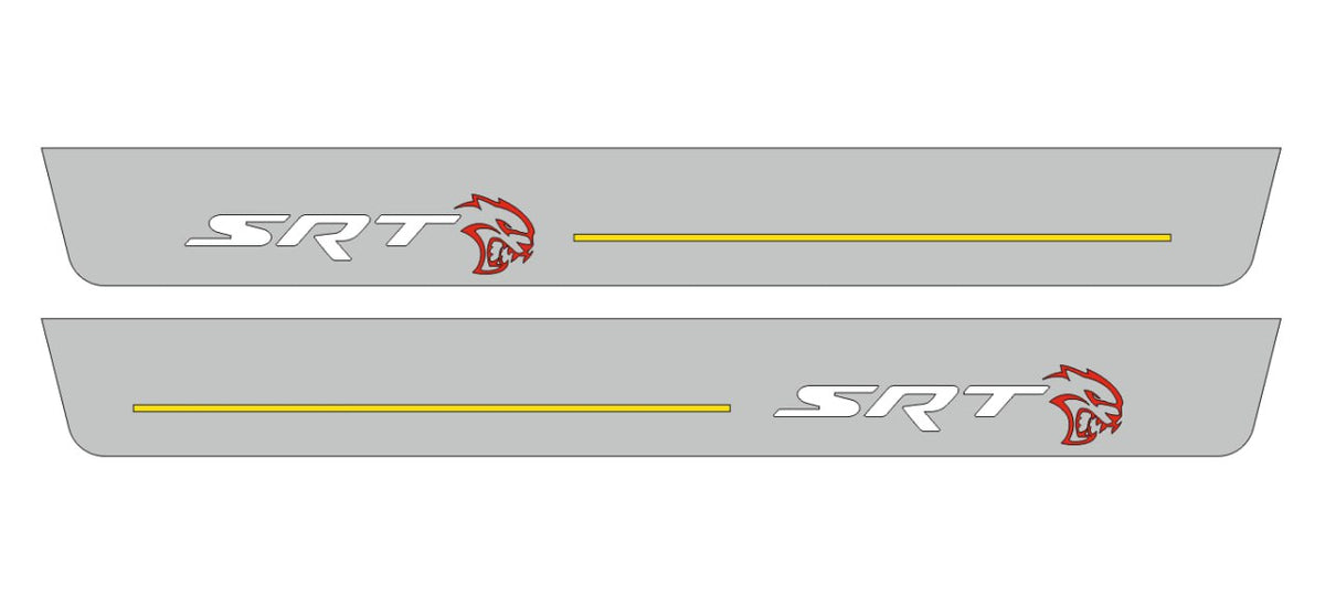 Catalog illustration of two long gray door sill plates with offset white SRT lettering, red Hellcat-head emblems and yellow horizontal lines on a white background.