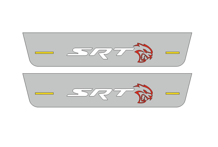 Catalog illustration of two short gray door sill plates with white SRT lettering, red Hellcat-head emblems and yellow horizontal lines on a white background.