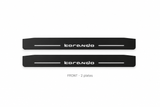 SsangYong Korando Matte PRO catalogue illustration: two flat black FRONT plates with illuminated stylized korando lettering on white