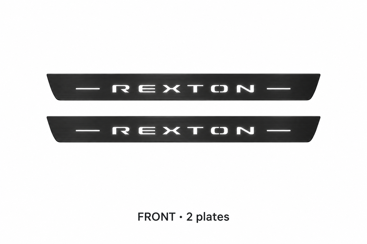 SsangYong Rexton Y400 Matte PRO catalogue illustration: two black FRONT plates with illuminated REXTON lettering on white