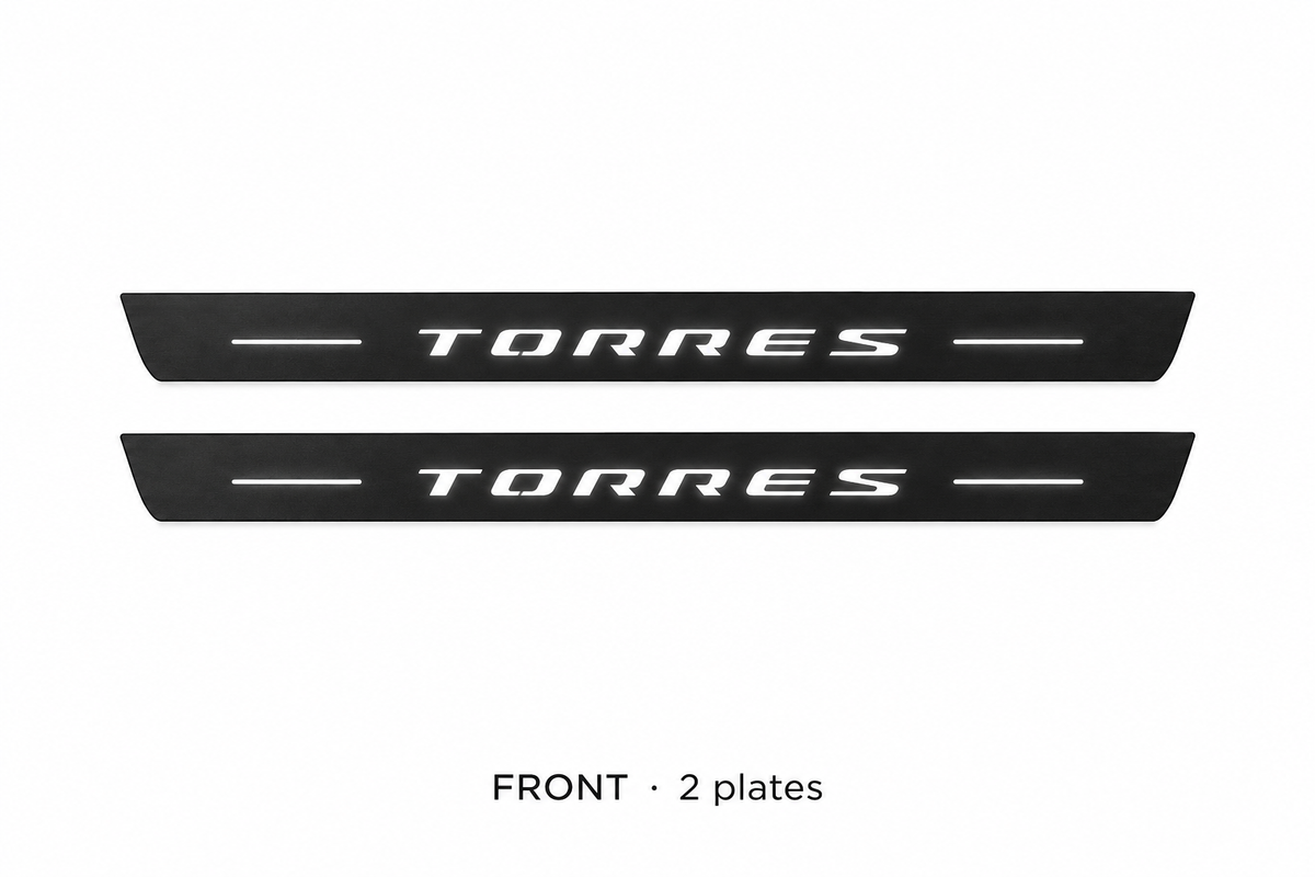 SsangYong Torres Matte PRO catalogue illustration: two black FRONT plates with illuminated TORRES lettering on white