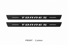 SsangYong Torres Matte PRO catalogue illustration: two black FRONT plates with illuminated TORRES lettering on white