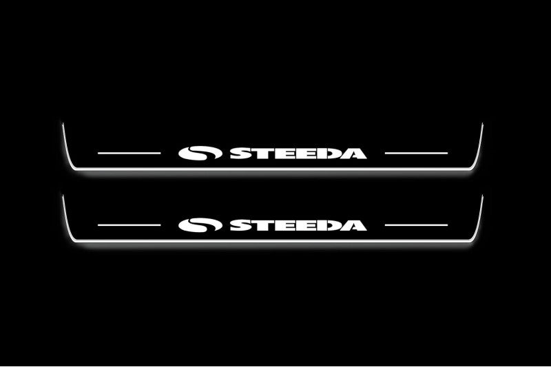 stainless steel LED door sill plates with Ford Mustang VI S550 2015+ with Steeda logo