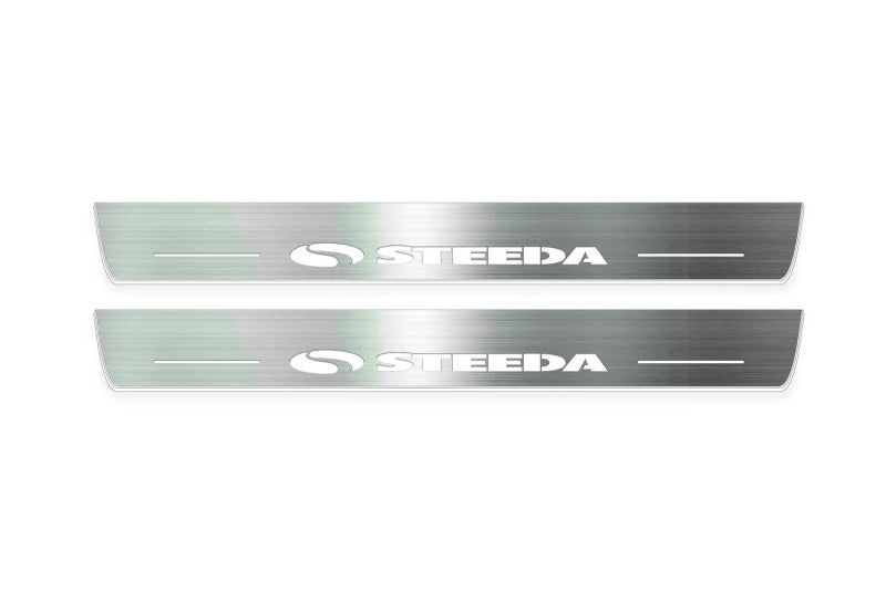 Ford Mustang VI S550 2015+ entry guards in stainless steel with Steeda logo